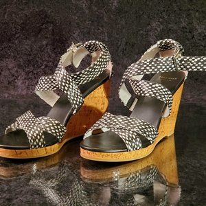 COLE HAAN BLACK LEATHER STRAPPY WEDGE 10.5